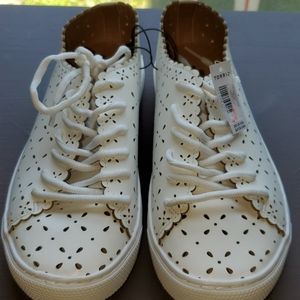 White faux leather laser cut sneakers